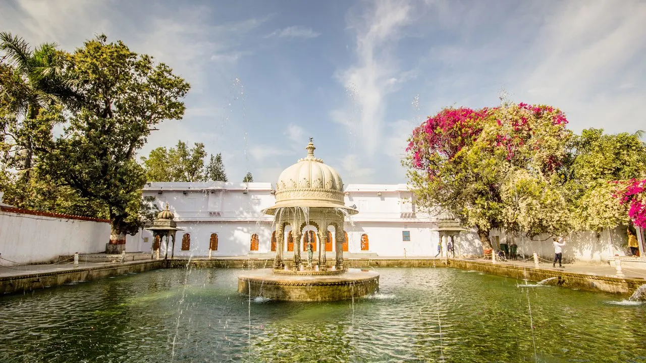 Wander its fountains, kiosks, and lotus pool